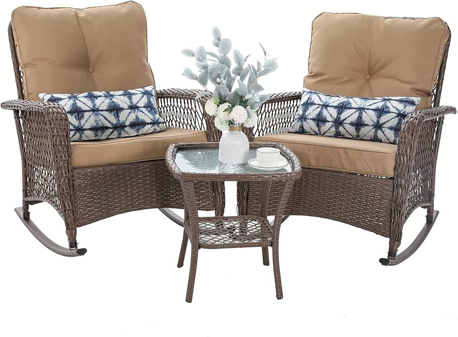 Patio Furniture Set 3 Pieces, Wicker Rocking Bistro Set with Thick Cushions, Outdoor Rocker Chair... | Amazon (US)
