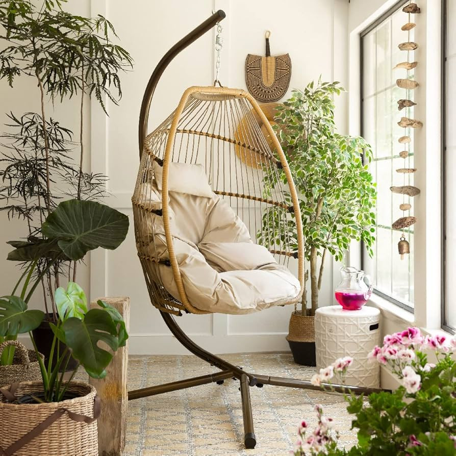 Barton Hanging Hammock Egg Chair Lounge Chair Soft Deep Cushion with Hammock Stand (Beige) | Amazon (US)