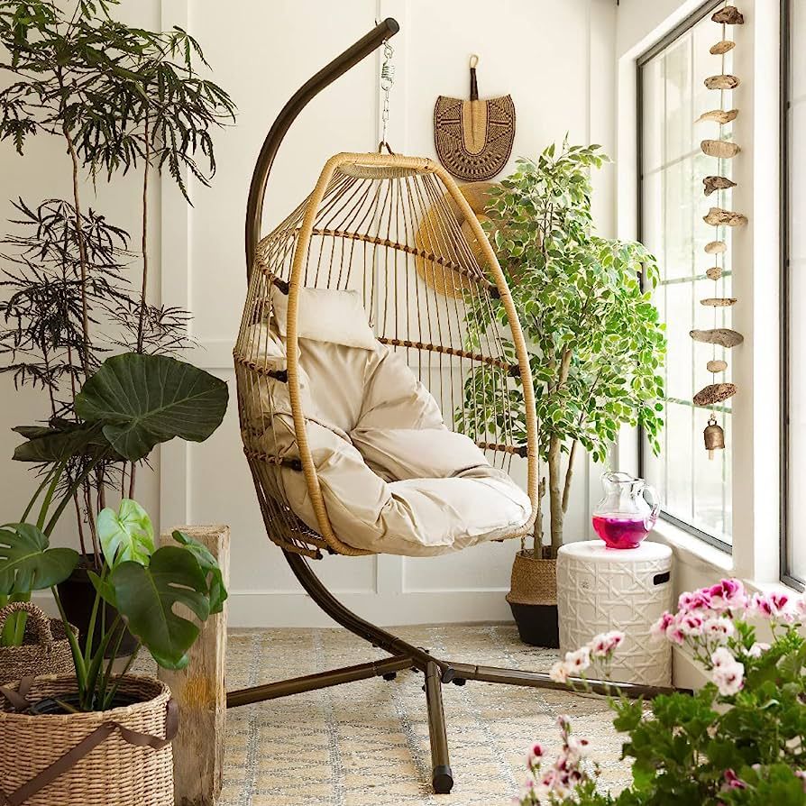 Barton Hanging Hammock Egg Chair Lounge Chair Soft Deep Cushion with Hammock Stand (Beige) | Amazon (US)