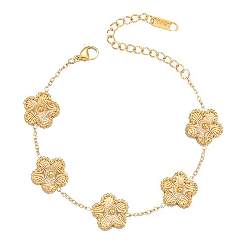 FUNIO Van Cleef Clover Bracelet for Women 18K Gold Plated Four Leaf Flower Lucky 4 Leaf Link Bracelet Jewelry Gift for Women (Gold) | Amazon (US)