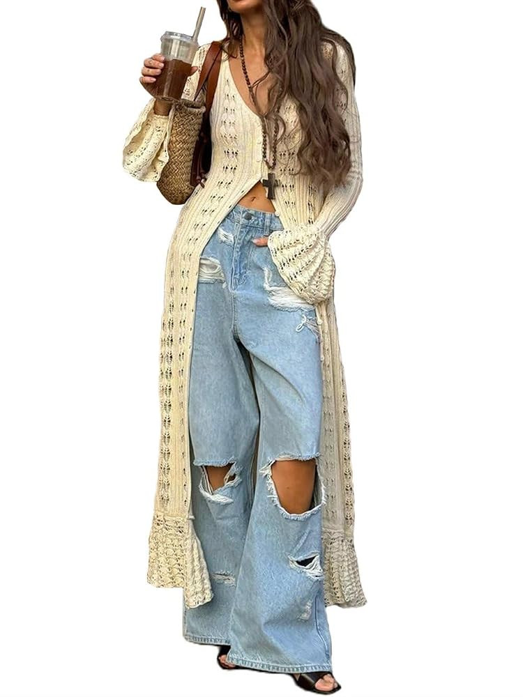 Women Elegant Crochet Knit Maxi Dress Button Down Hollow Out Cover Up Vacation Long Dress | Amazon (US)