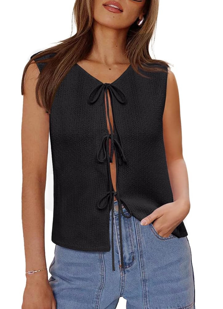 Yousify Women’s Tie Front Sweater Vest 2025 Sleeveless Crochet Knit Summer Y2K Going Out Tops | Amazon (US)