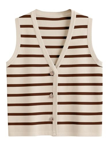 LILLUSORY Vest Tops for Women 2026 Spring Striped Sweaters Button Up Summer Business Casual Womens Blouses Jackets Fashion Clothes Sleeveless Tank tops Apricot Coffee L | Amazon (US)
