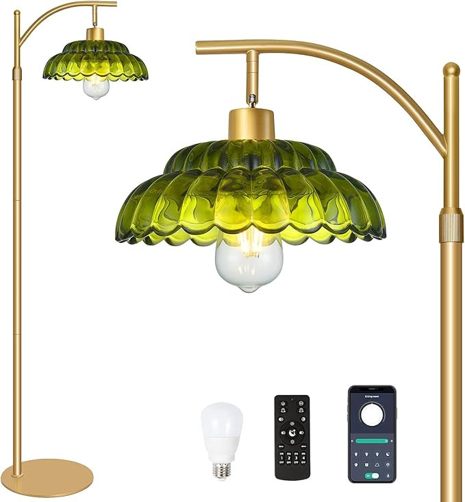 Gold Floor Lamp for Living Room, Mid Century Modern Standing Lamp with Green Lamp Shade, Dimmable... | Amazon (US)
