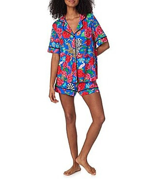 Room Service Safari Floral Print Short Sleeve Notch Collar Jersey Knit Shorty Pajama Set - L | Dillard's