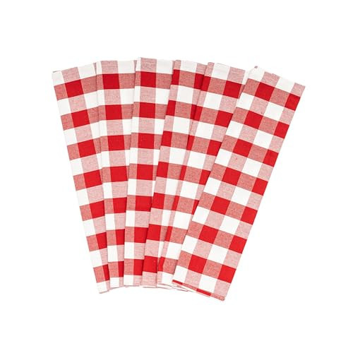Red and White Plaid Kitchen Towels - Set of 6 Red Checkered Dish Towels with Hanging Loop - 100% Cotton, Extremely Absorbent, Multipurpose Buffalo Plaid Dish Towels - Reusable & Washable (6 Pack) | Amazon (US)