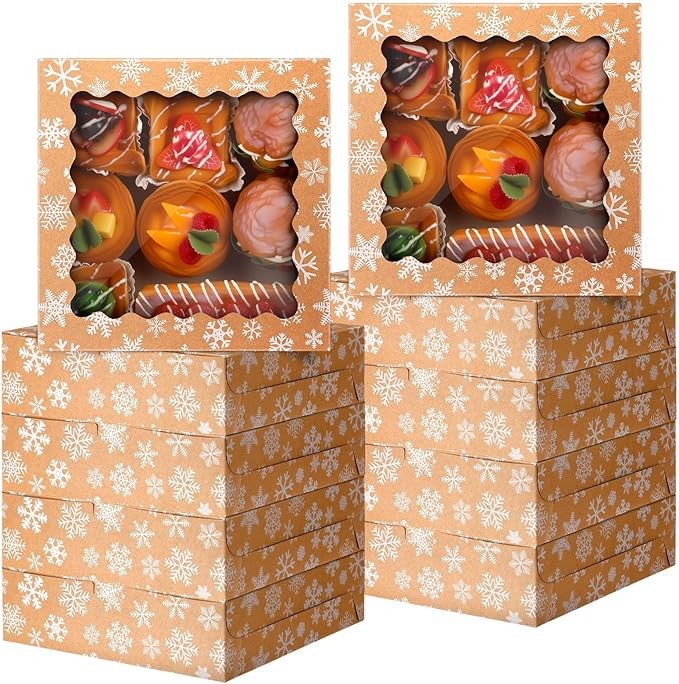 FoldTier 48 Pcs Kraft Christmas Cookie Boxes with Window Bulk 9 x 9 x 2.5 Inch Xmas Snowflake Bak... | Amazon (US)