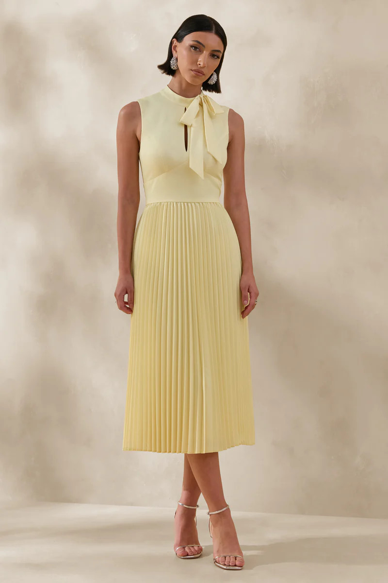 Avalon  Lemon Midi Dress With Pleated Skirt And Bow-Detail | Club L London