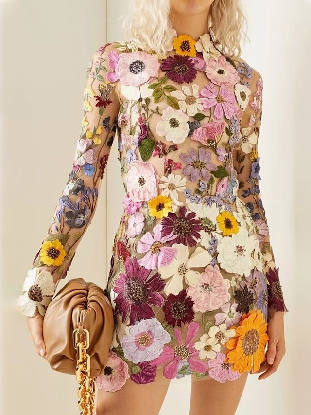 Women's Wedding Guest Dress Party Dress Bodycon Mini Dress Black Pink Long Sleeve Floral Embroide... | Lightinthebox