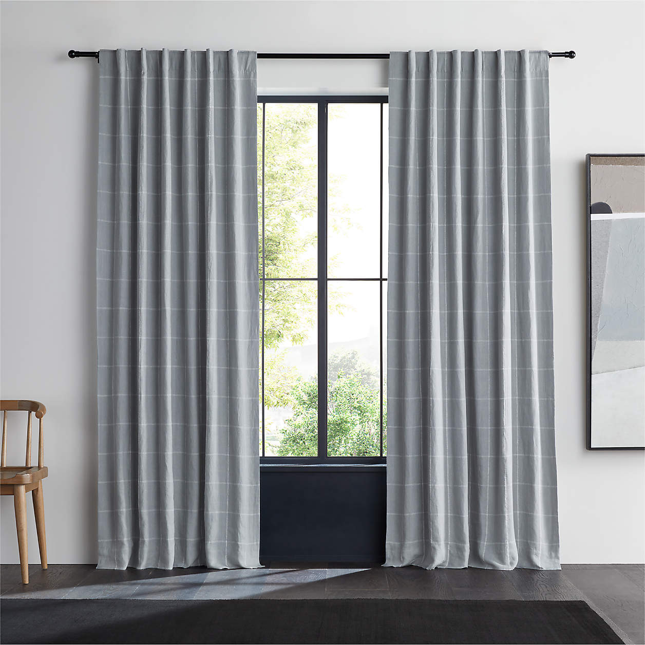 Mist Blue & Crisp White Linen Double Pinstripe Grid Blackout Window Curtain Panel 52"x108" + Revi... | Crate & Barrel