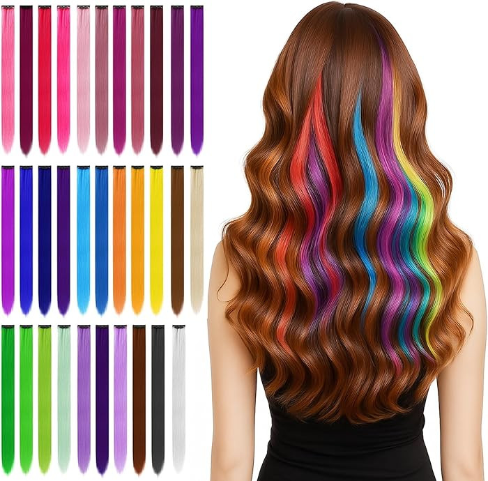 32 PCS Clip in Colored Hair Extensions for Kids, 20 Inches Rainbow Long Straight Hairpieces Synth... | Amazon (US)