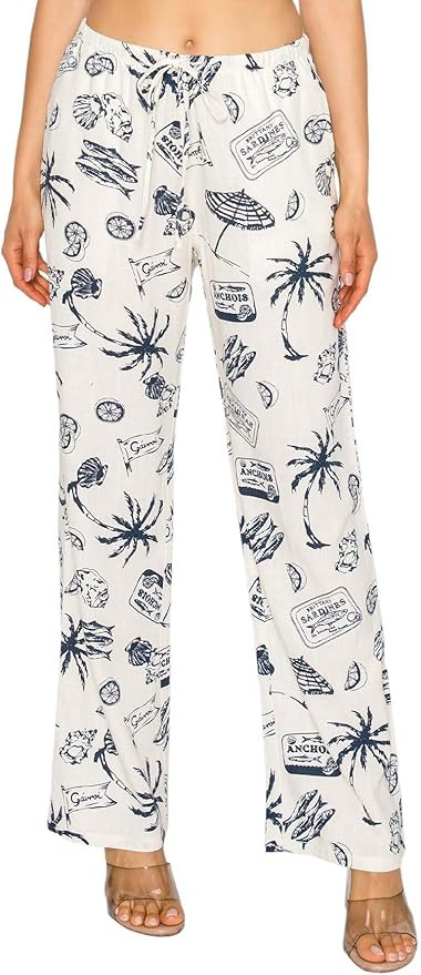 Cali1850 Women's Printed Linen Pants - 30" Inseam Drawstring Elastic Waist Casual Pull On Beach L... | Amazon (US)