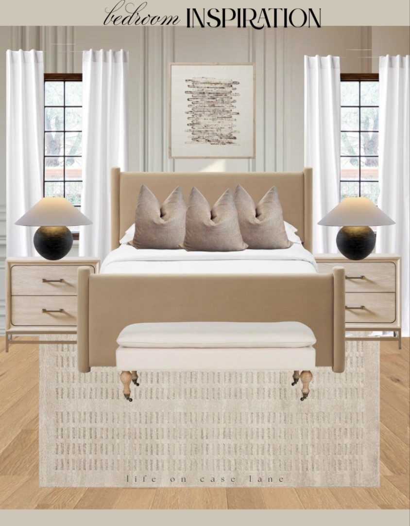 Primary bedroom furniture, master bedroom, guest bedroom, traditional bedroom, transitional bedroom, nightstand, upholstered bed, area rug, bedroom bench, bedroom chandelier, lamp, bedroom lamp, neutral bedroom, curtains, neutral curtains, triple pleat pinch curtains, affordable furniture, good quality furniture, wayfair, Loloi,  green bedroom, end of bed bench, neutral rug, son bedroom, boy bedroom, male bedroom, man bedroom, ceiling fan, throw pillow, lumbar pillow



#LTKHome