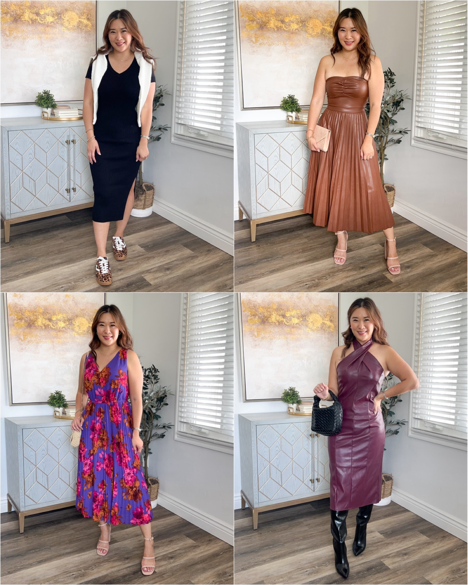 Walmart Fall Dresses
Black Ribbed Bodycon Dress: Small
White Cardigan: Small
Brown Faux Leather Strapless: XS
Floral Dress: Small
Burgundy Faux Leather Dress: Small