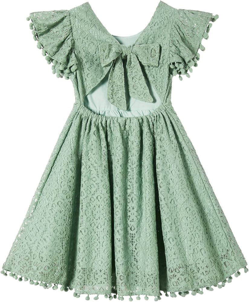 Niyage Backless Toddler Dress Open Back Girls Lace Bow Tie-Back Pom Pom Flutter Sleeves Party Pri... | Amazon (US)