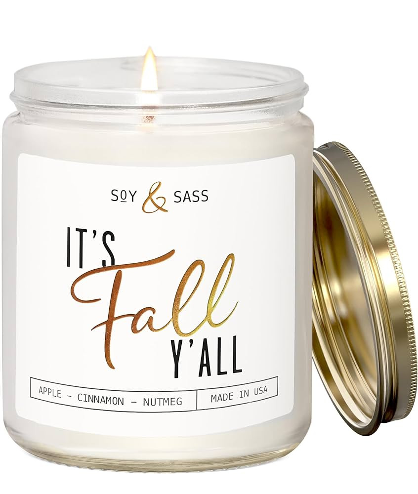 Fall Candles - 'It's Fall Yall' Fall Candle w/Apple Cinnamon & Nutmeg I Infused with Essential Oils I Autumn Fall Scented Candles I Cozy Cute Fall Décor Fall Gifts I 9oz Jar I 50Hr Burn I Made in USA | Amazon (US)