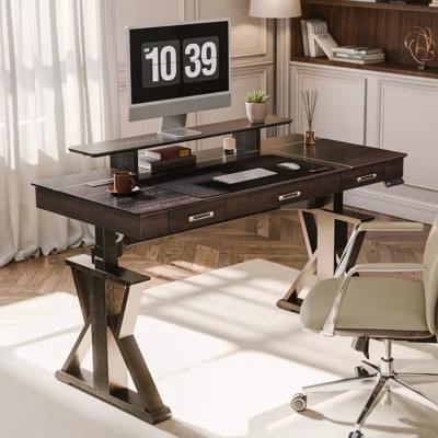 63" Modern Executive Dual Motor Height Adjustable Desk with Built-in Charging Station & Storage | Wayfair North America