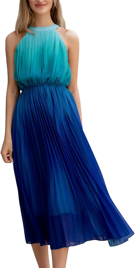 Paintcolors Women's Halter Sleeveless Pleated Long Maxi Dress Backless Ombre Summer Beach Chiffon... | Amazon (US)