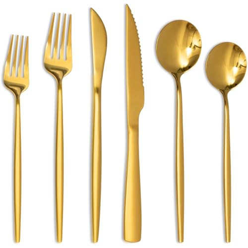 Astercook 24-Piece Gold Silverware Set with Steak Knives Flatware Set for 4 Food-Grade Stainless Steel Cutlery Set Mirror Polished Utensils Set Include Spoons and Forks for Home Kitchen Restaurant | Amazon (US)