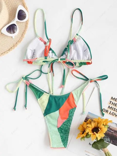 ZAFUL Bowknot Colorblock Tie Side String Bikini Swimwear - Green M | ZAFUL (Global)