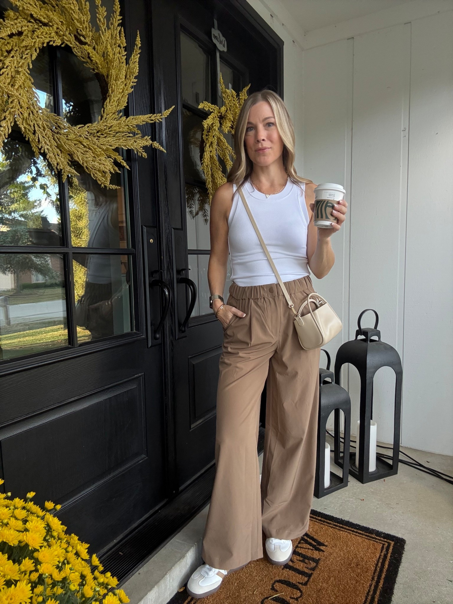 The BEST white tank. Not see through. Wearing a size small. Varley wide leg pants. I sized down to an XS. Adidas Samba sneakers. Anthropologie bag. 

#casualstyle #whitetop #whitetank #fallsneakers

#LTKOver40 #LTKStyleTip #LTKShoeCrush