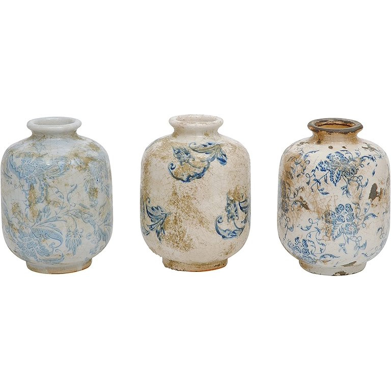 Creative Co-Op Blue & White Decorative Terracotta Vases with Heavy Distressing (Set of 3 Designs) | Walmart (US)