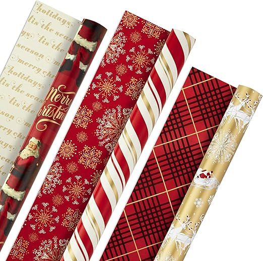 Hallmark Christmas Reversible Wrapping Paper, Classic Santa (Pack of 3, 120 sq. ft. ttl) Red and ... | Amazon (US)