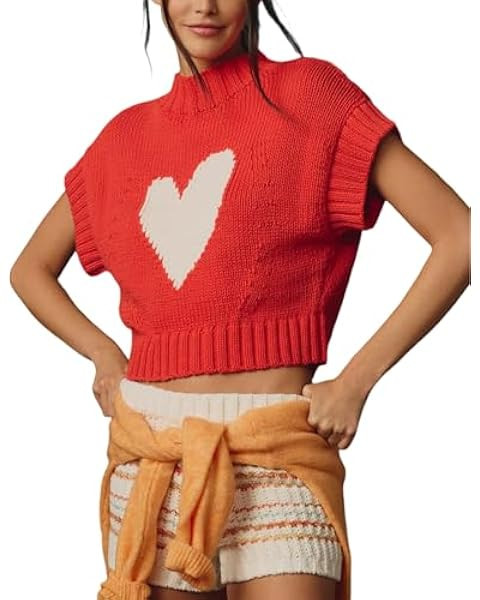 Cap Sleeve Sweater Tank Tops for Women Mock Neck Sweater Vest Cute Heart Knit Cropped Pullover To... | Amazon (US)