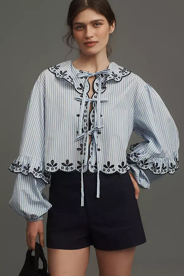 Maeve Long-Sleeve Scallop Tie-Front Blouse | Anthropologie (US)