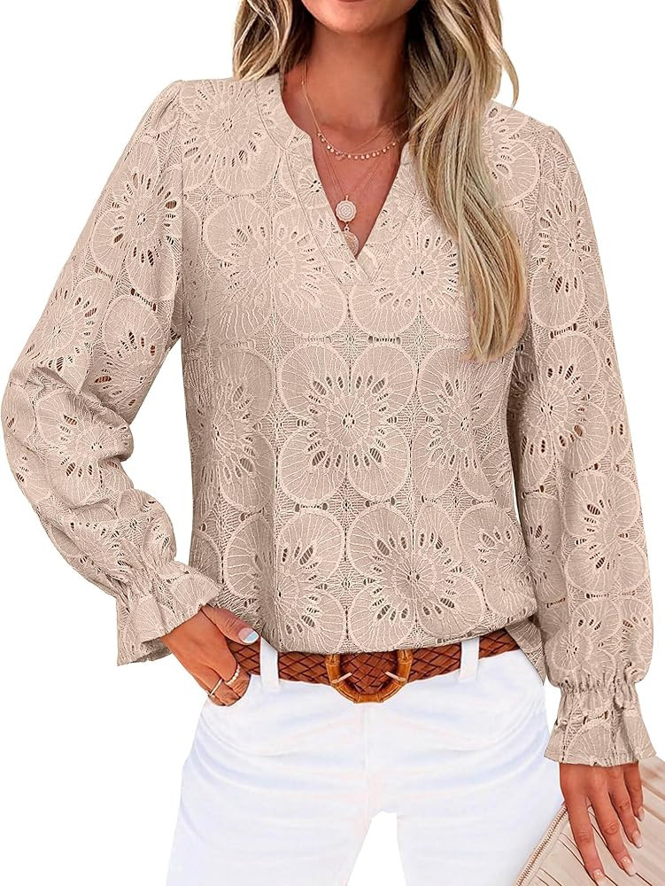 RUMIA Womens Blouses V Neck Eyelet Lace Tops with Lining Dressy Sheer Long Sleeve Shirts Embroide... | Amazon (US)