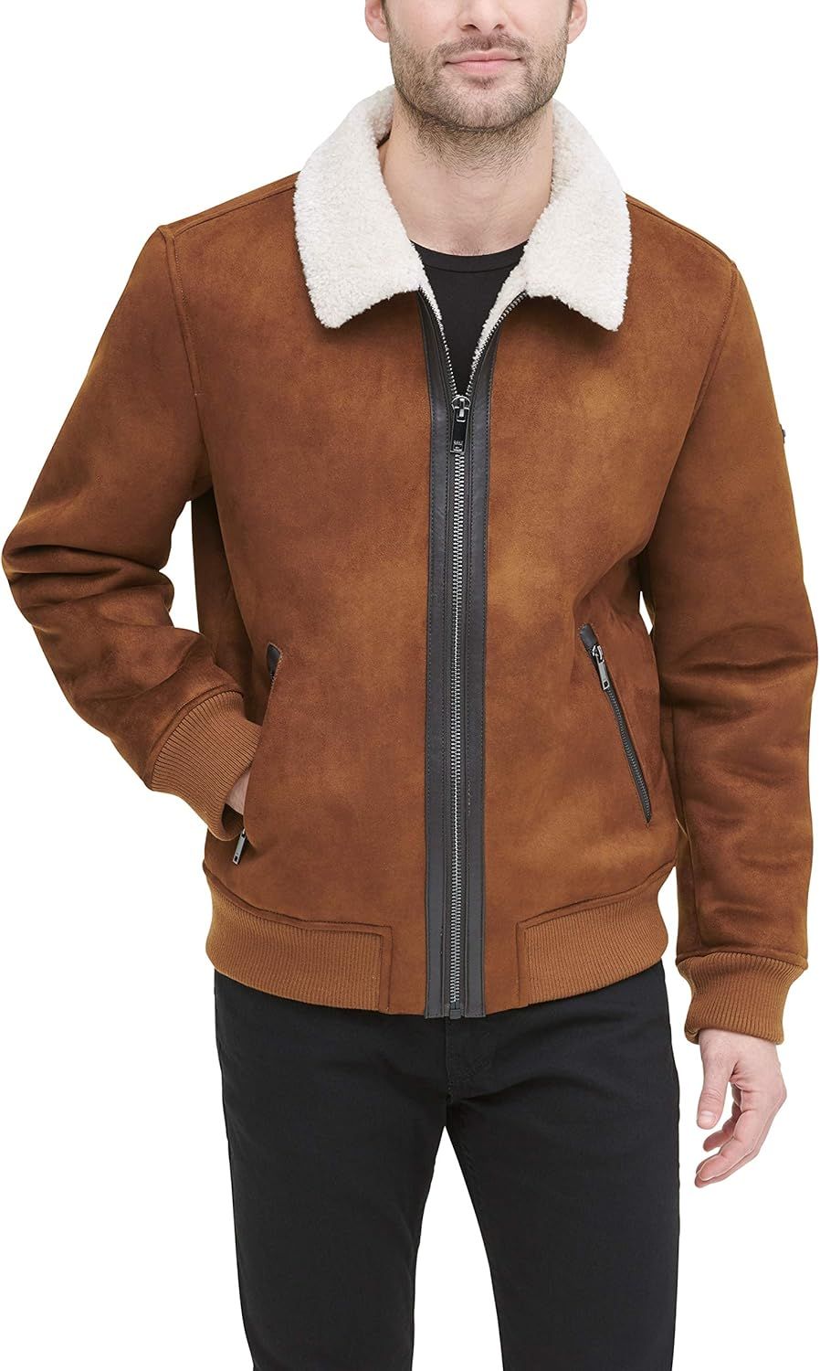 DKNY Men's Shearling Bomber Jacket with Faux Fur Collar | Amazon (US)