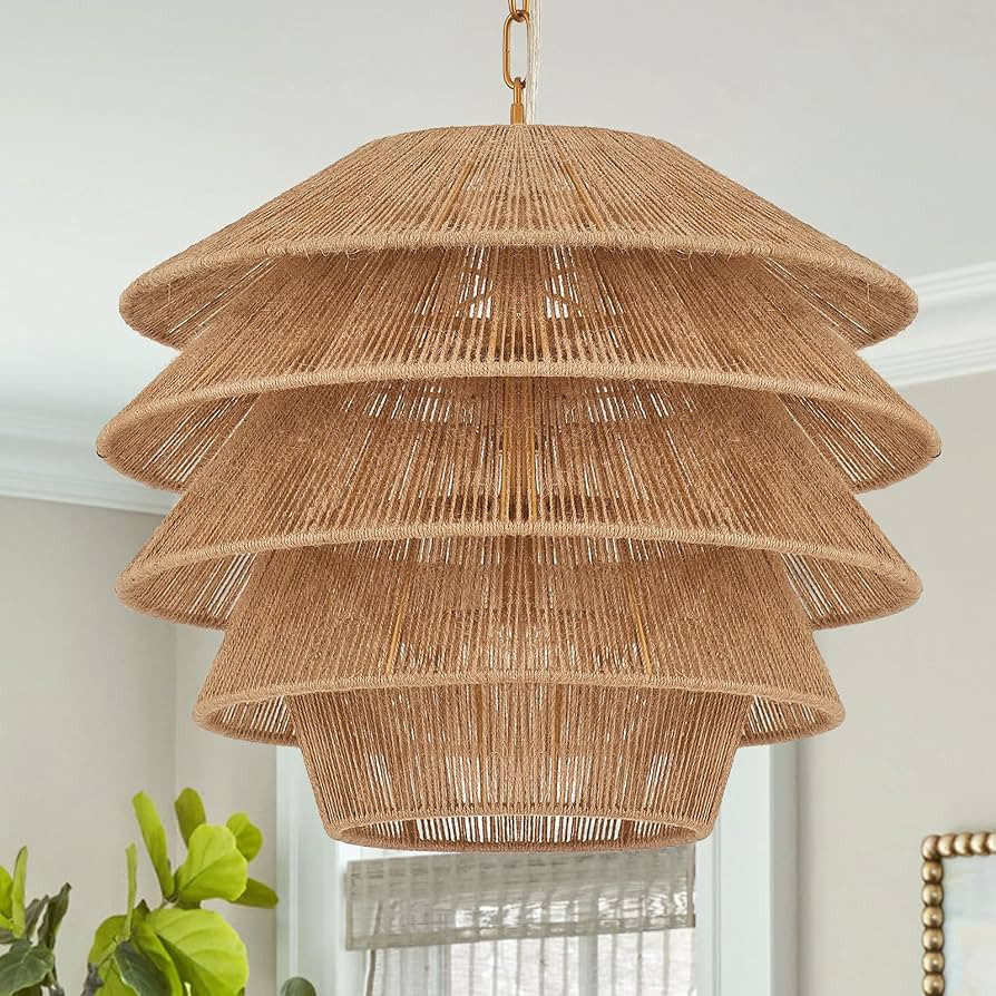 18” Boho Pendant Light Hand Woven Adjustable Brass Coastal Chandelier for Kitchen Island Dining... | Amazon (US)