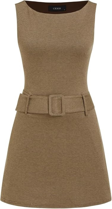 CIDER Women Plaid Blazer Dress Houndstooth Belted Boat Neck Mini Work Dress | Amazon (US)