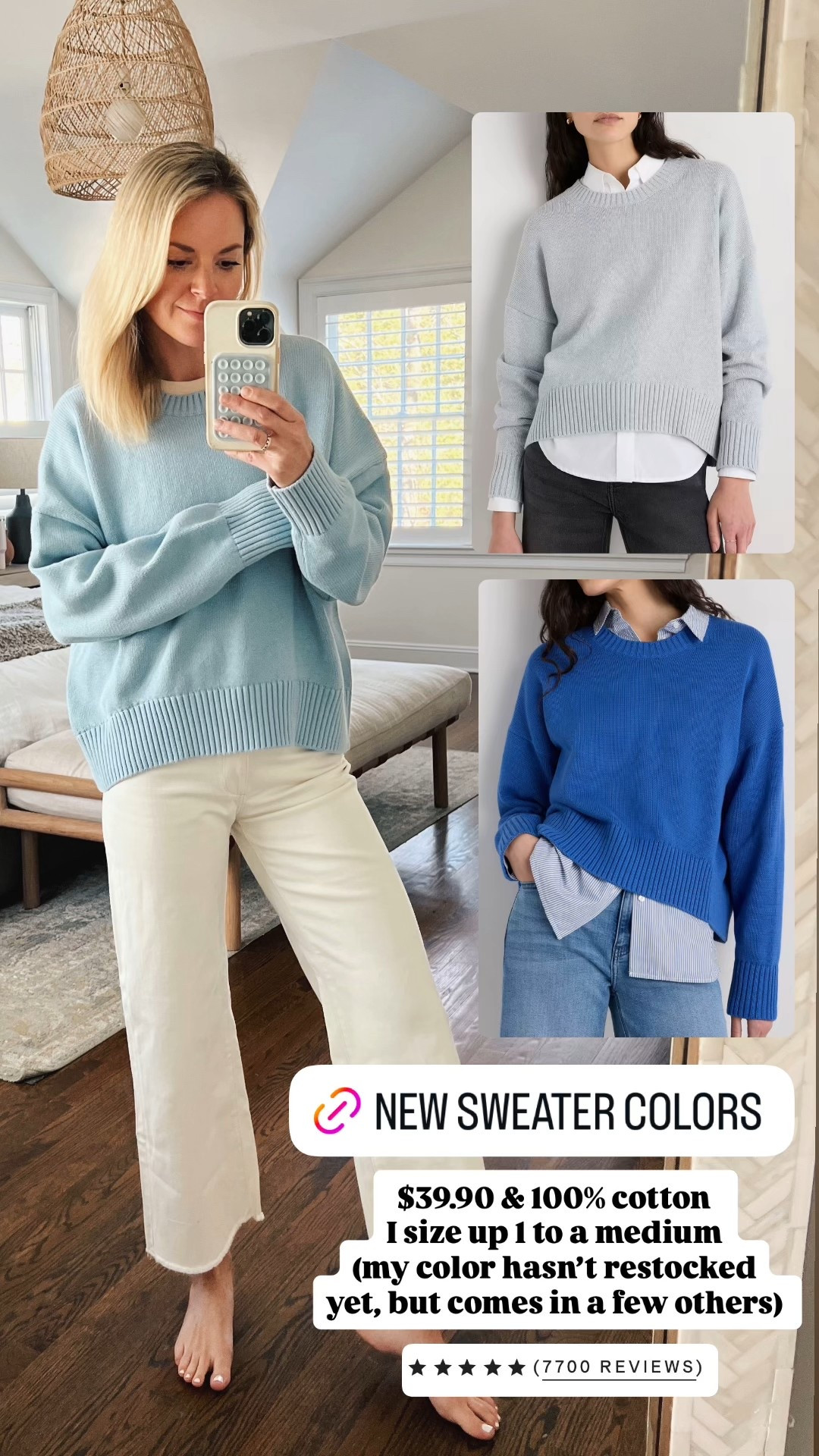 The best $40 cotton sweater now comes in 2 new colors (several to choose from). I sized up 1 to a medium 
-small shorts, tts 
-26R jeans, tts