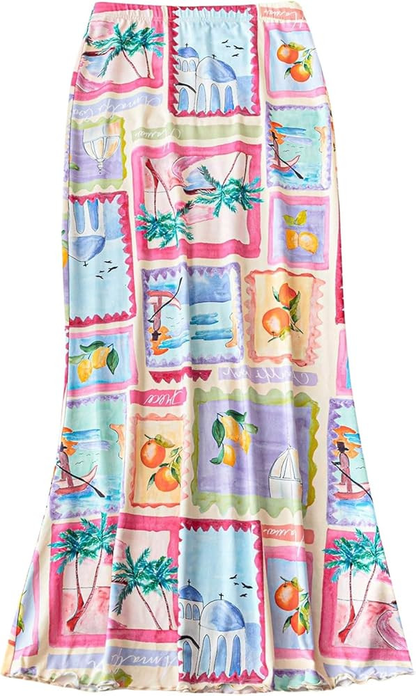 MakeMeChic Women's Tropical Print Maxi Skirt Elastic Waist Bodycon Boho Long Skirts | Amazon (US)