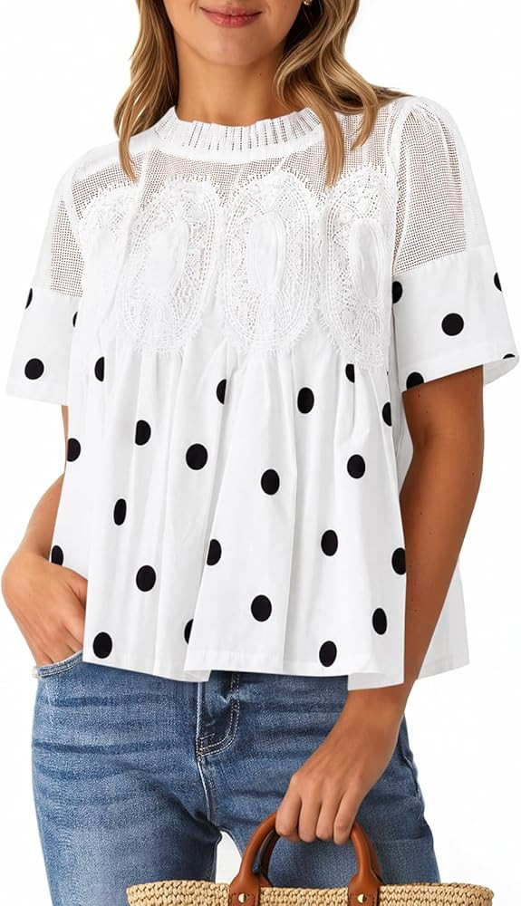 Cicy Bell Womens Babydoll Lace Blouses Short Sleeve Ruffle Crew Neck Peplum Tops Dressy Casual Lo... | Amazon (US)