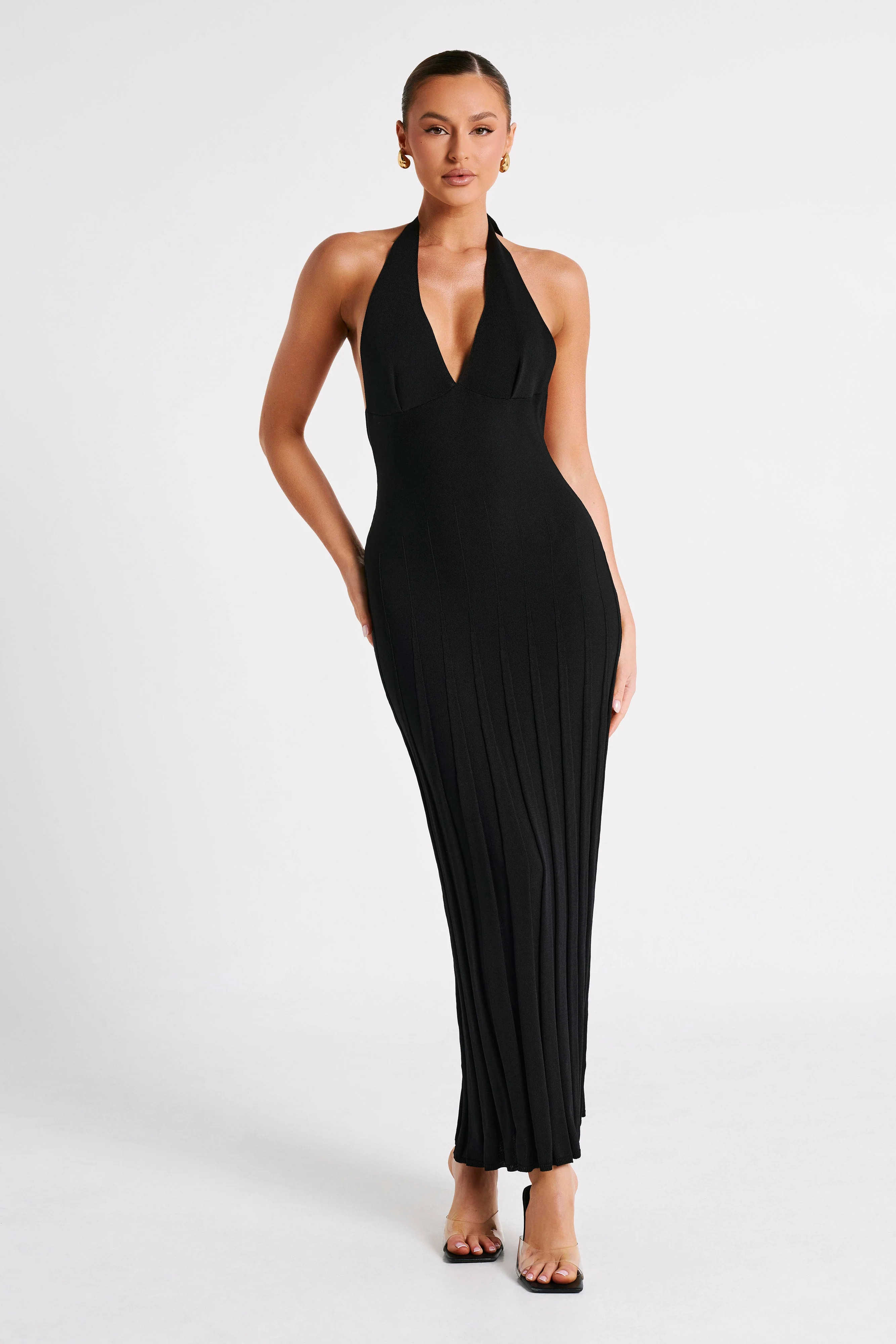 Caity Ribbed Halter Maxi Dress - Black | MESHKI US