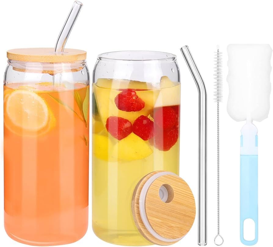 2Pack 16OZ Glass Cups with Lids and Straws ，Smoothie Cup Glass Tumbler with Straw and Lid,Iced ... | Amazon (US)