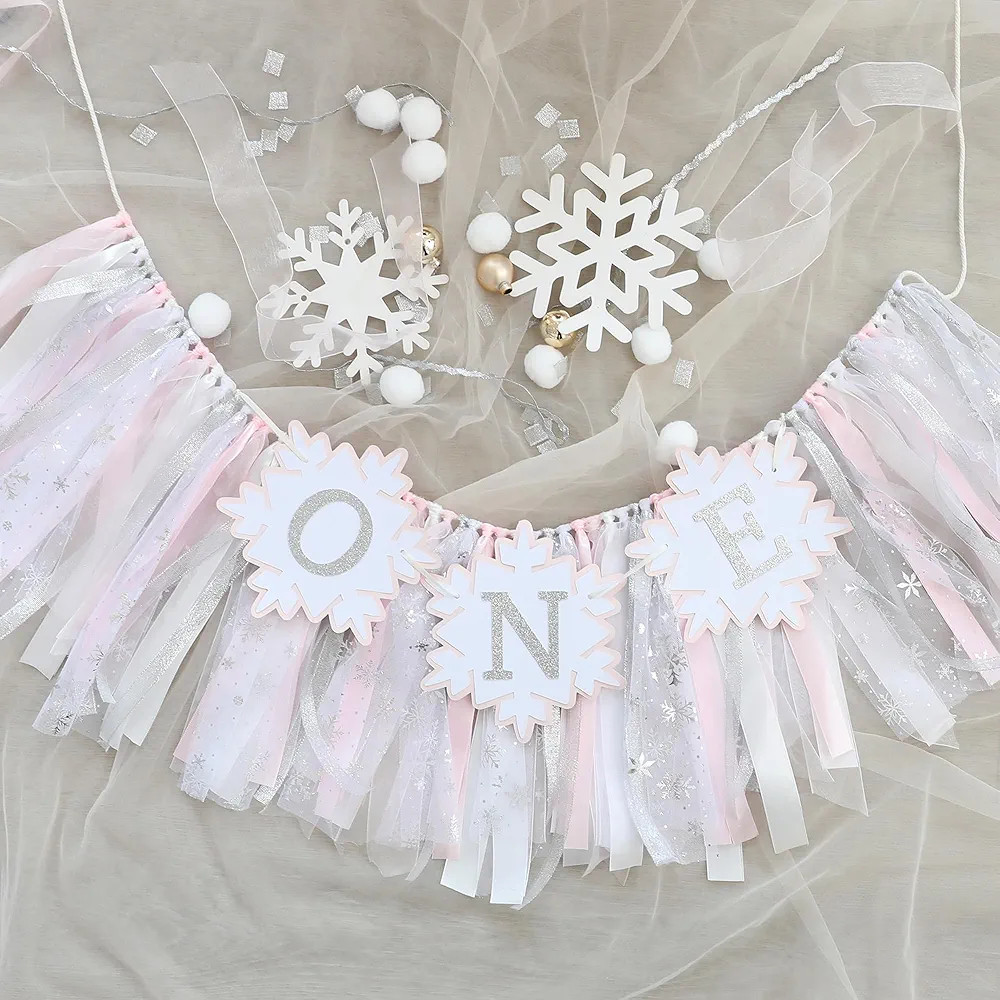 Winter Onederland 1st Birthday Girl Handmade Pink Snowflakes High Chair Banner for Girls Birthday... | Amazon (US)