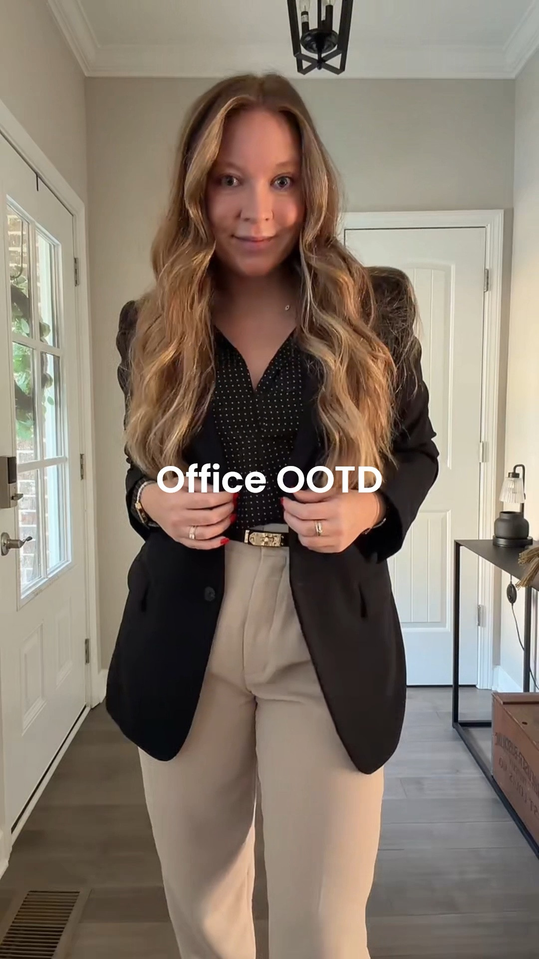 Black oversized blazer / tts wearing an 8
Polka dot shirt / tts wearing a medium 
Light tan work pants / sized up to a 10
Black designer inspired belt 
Black pumps 
David Yurman mixed metal ring and bracelet 
Evil eye necklace

#LTKootd #LTKdayinmylife #LTKWorkwear