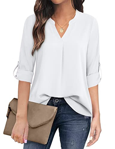 Timeson White Blouses for Women,3/4 Sleeve Tunics Tops for Women V Neck Dress Shirts for Business Casual Long Ladies Dressy Tops Office Work Chiffon Blouse Formal Interview Professional Top | Amazon (US)