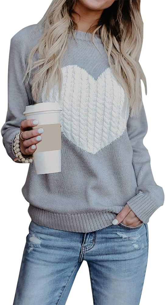 Women's Pullover Sweaters Long Sleeve Crewneck Cute Heart Knitted Sweaters | Amazon (US)