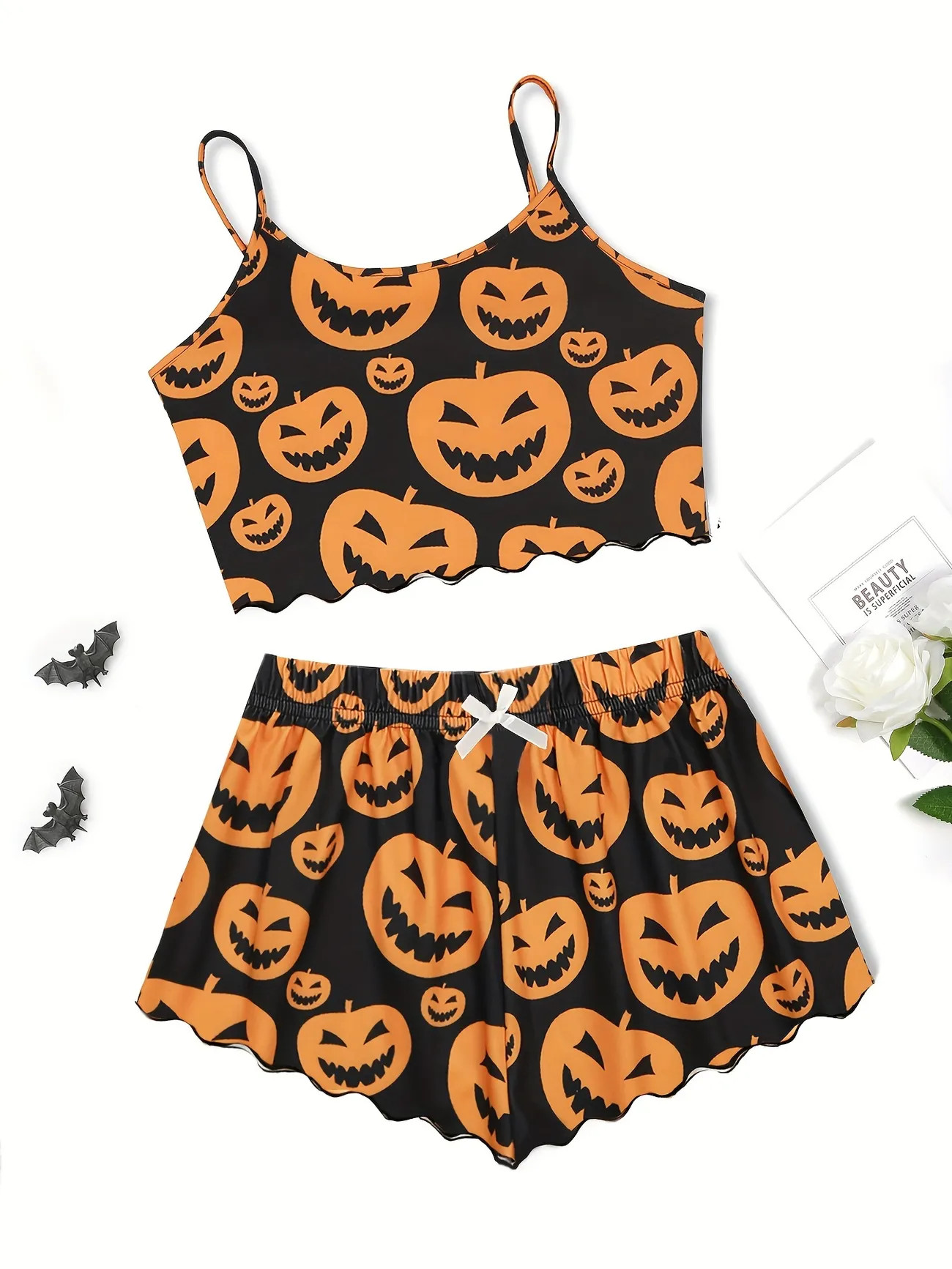 Pumpkin Print Pajama Set, Crew Neck Cami Top & Lettuce Trim Shorts, Women's Sleepwear & Loungewea... | Temu Affiliate Program