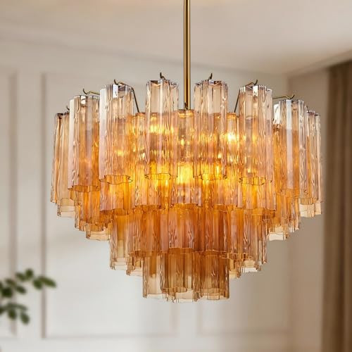 24 In Large Vintage Amber Glass Chandelier 4-Tier Round Gold Chandelier for Dining Room, Dimmable Hand Blown Art Glass Chandeliers, Hanging Light Fixture for Living Room, Entryway, Kitchen Island | Amazon (US)