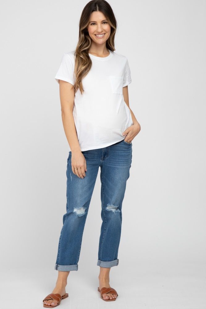 Blue Relaxed Fit Cuffed Maternity Jeans | PinkBlush Maternity