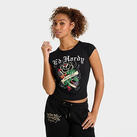 Ed Hardy Women's Rose Rhinestone Capped-Sleeve Baby T-Shirt in Black Size: Medium | Finish Line (US)