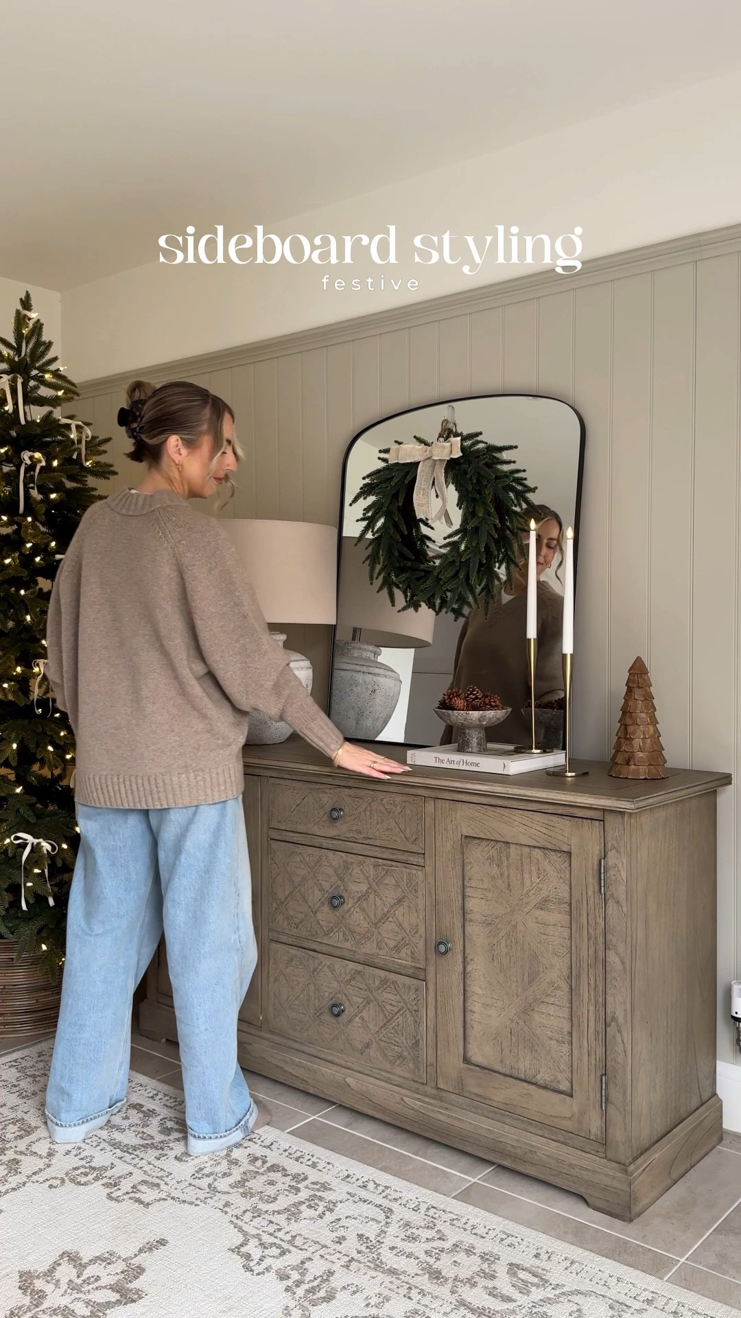 Christmas side board styling 🫶🏻🌲✨

Arch mirror, Christmas wreath, candle sticks, marble dish 

#LTKstyletip #LTKhome #LTKwinter