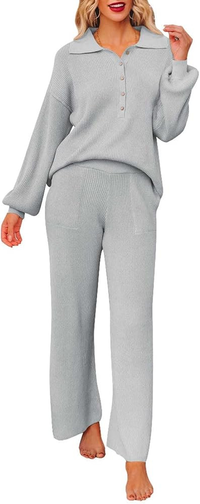 Pink Queen Women's 2 Piece Outfit Sweater Set Long Sleeve Button Knit Pullover Top Wide Leg Pants... | Amazon (US)