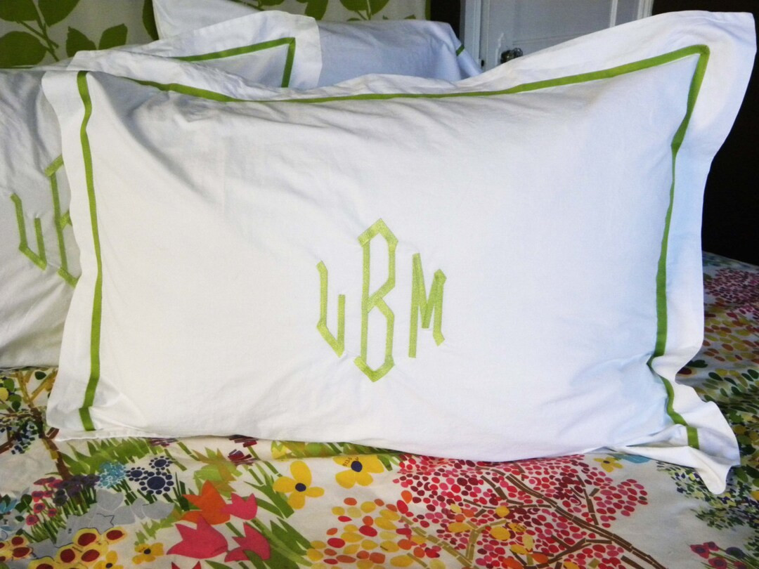 Monogram Standard Pillow Sham with Ribbon Trim / Monogram Bedding / Wedding Gift / Graduation Gif... | Etsy (US)