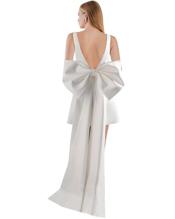 Women's Mini Wedding Dress V Neck A Line Detachable Bow with Train Satin Short Bridal Gowns | Amazon (US)